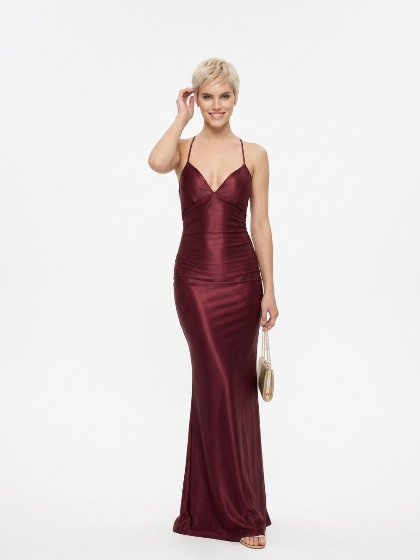 Burgundy Satin Slip Midi Dress - Plunging V-Neck with Crisscross Back Tie Detail for Women