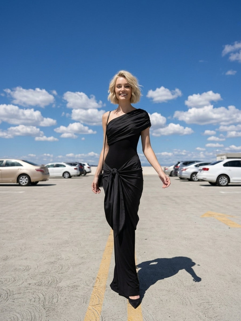 Women's One Shoulder Evening Gown - Black Draped Knot Detail Maxi Dress for Formal Occasions