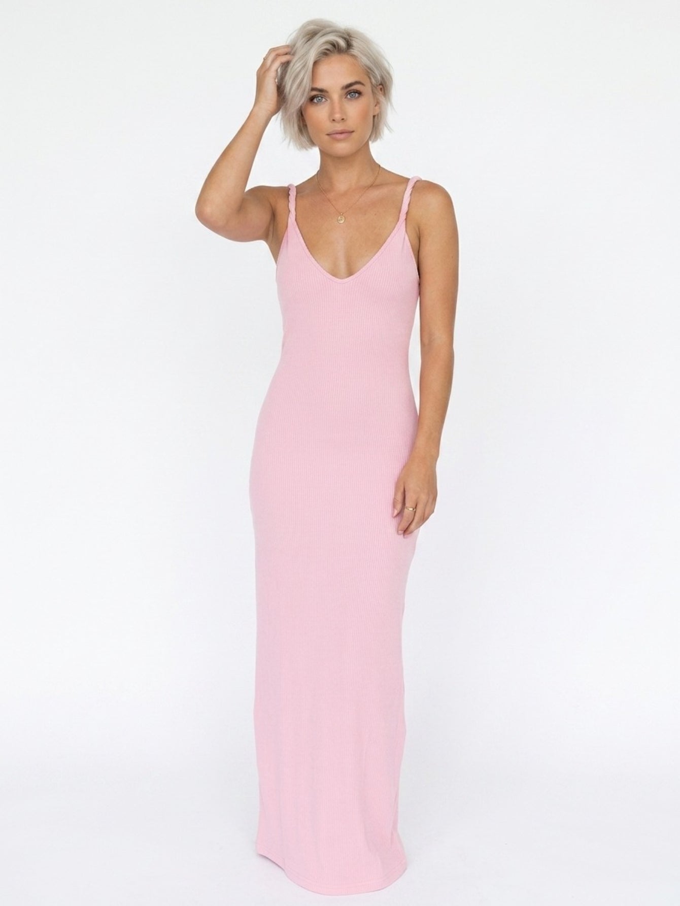 Women's Slim Fit Maxi Dress - Pink Spaghetti Strap V Neck Slip Dress for Summer Casual Party