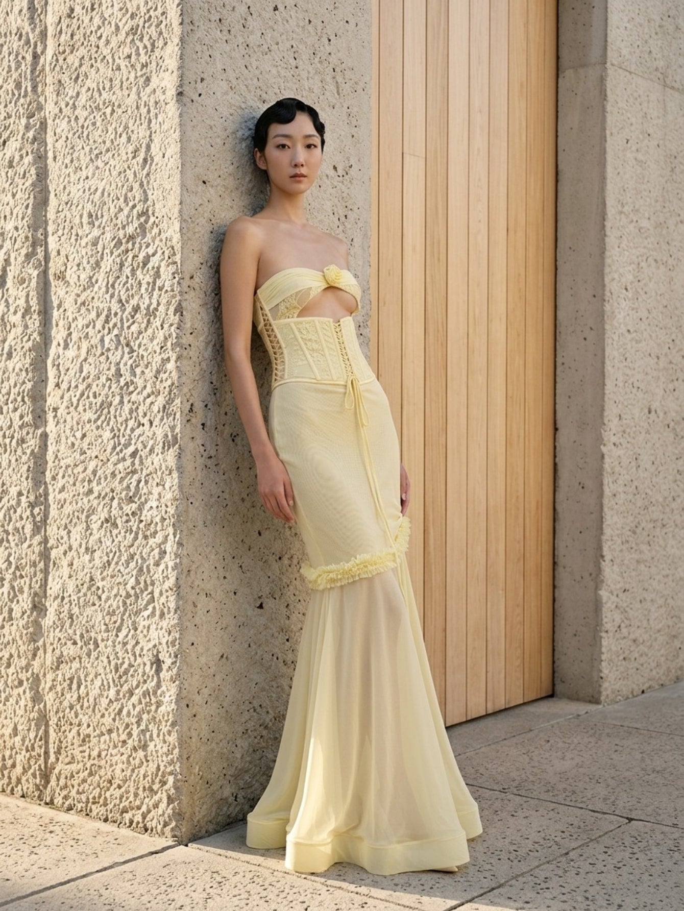Women's Yellow Strapless Corset Gown - Floral Applique Cutout Tulle Mermaid Evening Dress