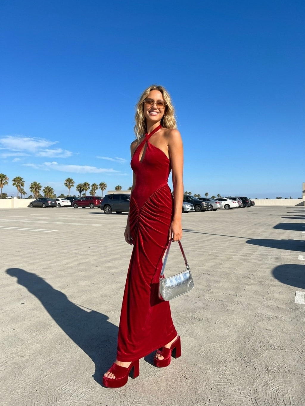 Women's Halter Neck Ruched Maxi Dress - Red Sexy Cutout Evening Gown with Asymmetric Hem