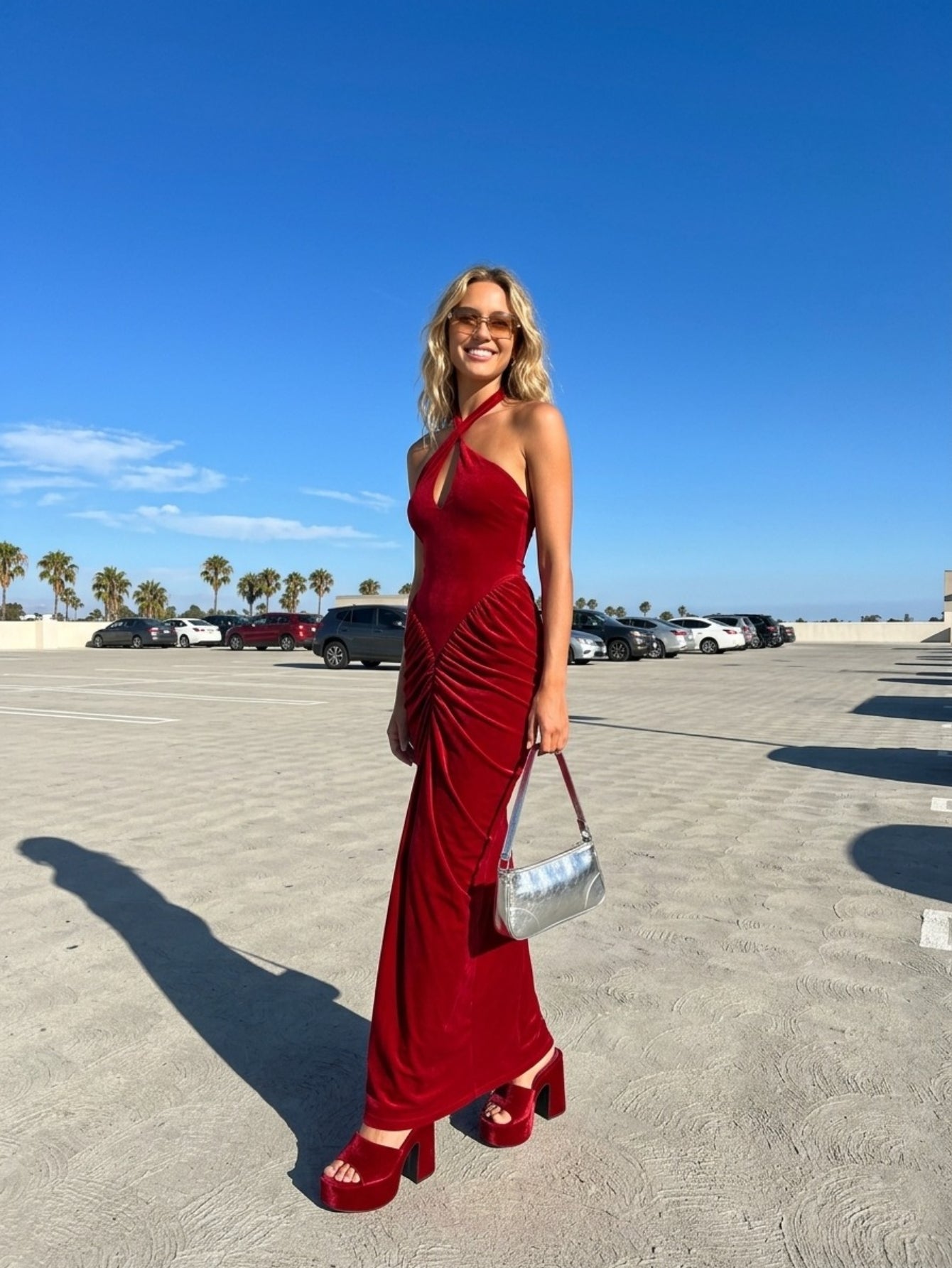 Women's Halter Neck Ruched Maxi Dress - Red Sexy Cutout Evening Gown with Asymmetric Hem