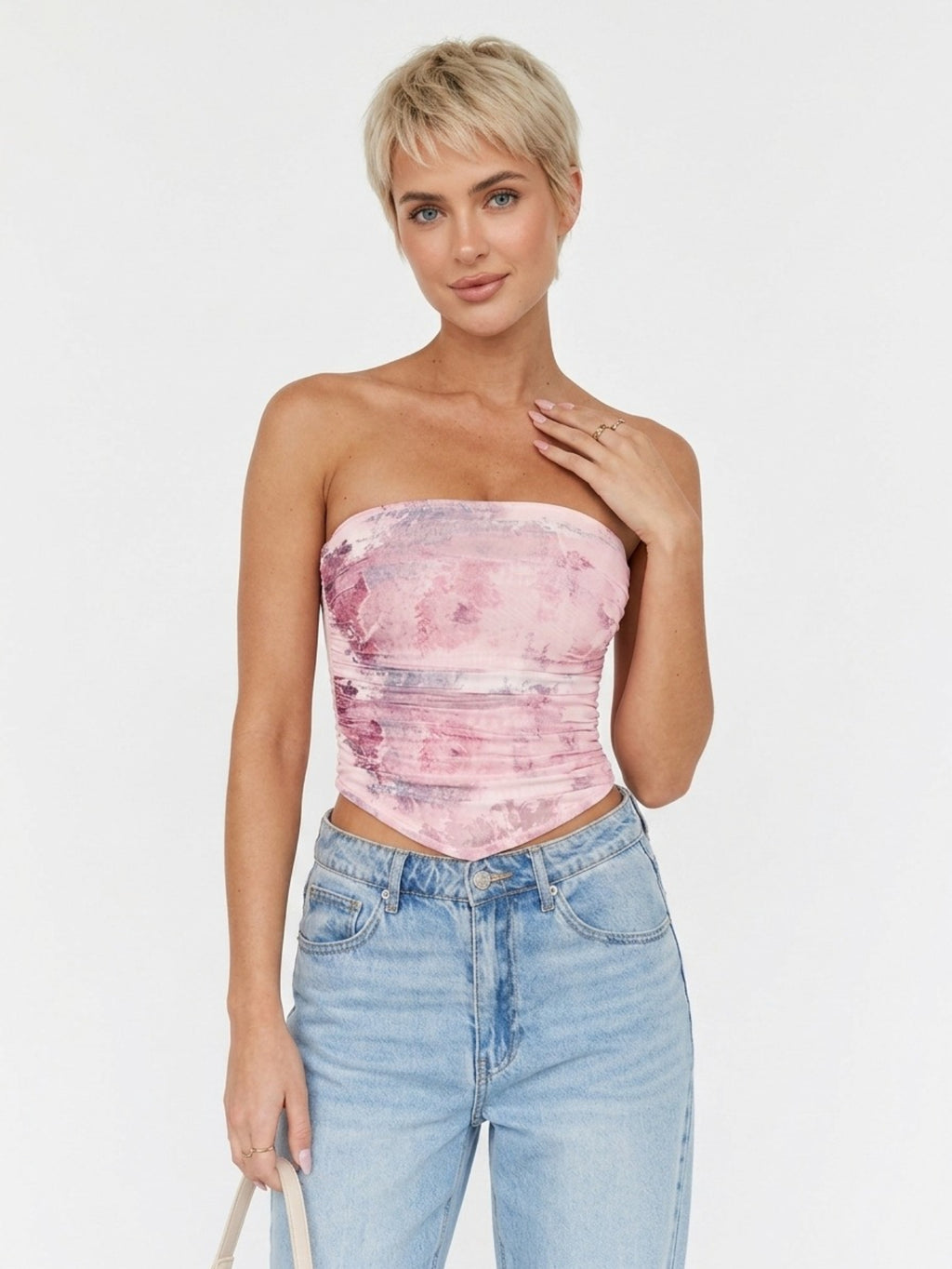 Women's Pink Tie Dye Print Strapless Tube Top - Ruched Waist Casual Summer Slim Fit Camisole