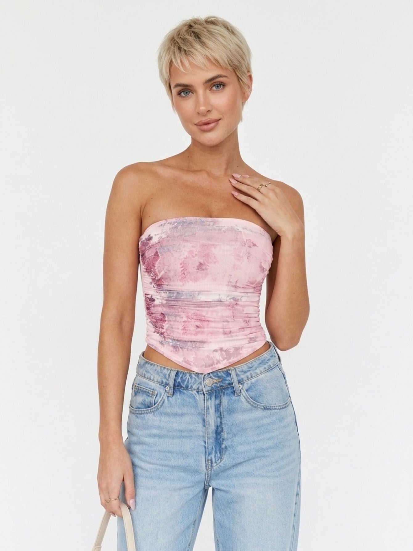 Women's Pink Tie Dye Print Strapless Tube Top - Ruched Waist Casual Summer Slim Fit Camisole