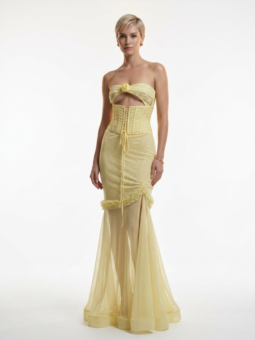 Women's Yellow Strapless Corset Gown - Floral Applique Cutout Tulle Mermaid Evening Dress