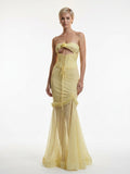 Women's Yellow Strapless Corset Gown - Floral Applique Cutout Tulle Mermaid Evening Dress