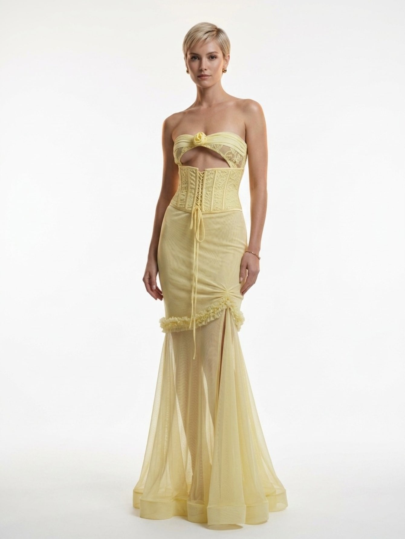 Women's Yellow Strapless Corset Gown - Floral Applique Cutout Tulle Mermaid Evening Dress
