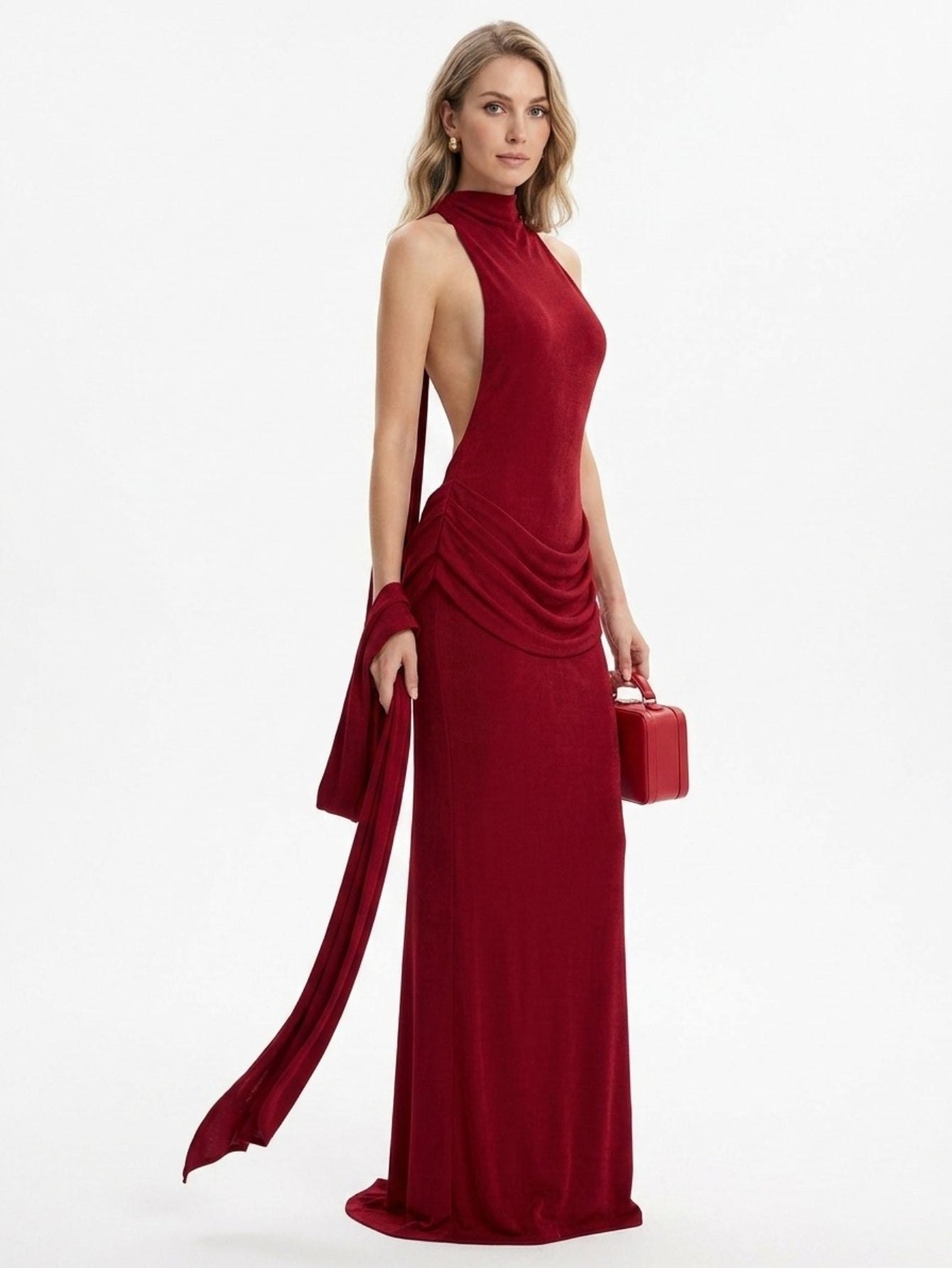 Women's Red Halter Neck Maxi Dress - Open Back with Sleeve Tie Drape Detail | Elegant Evening Gown for Formal Party Prom