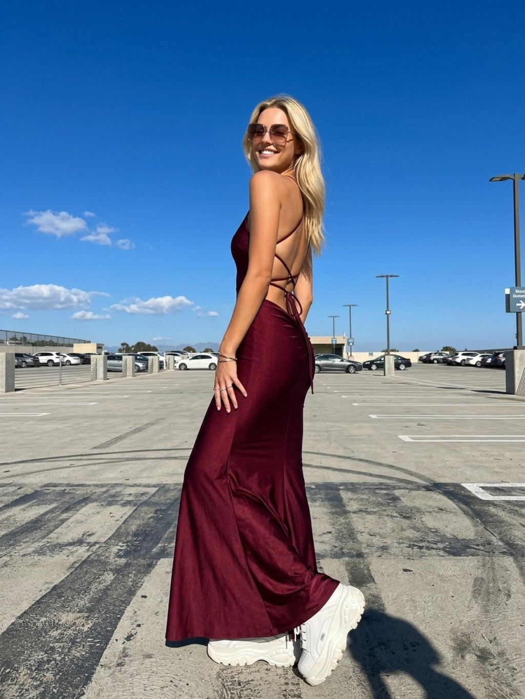 Burgundy Satin Slip Midi Dress - Plunging V-Neck with Crisscross Back Tie Detail for Women