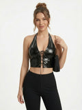 Women's PU Leather Halter Neck Corset Top - Sexy Lace-Up Front Cropped Camisole for Y2K Nightclub Party