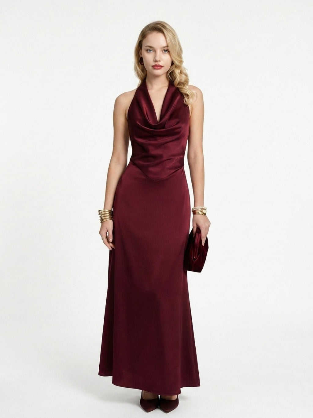 Women's Satin Halter Neck Maxi Dress - Plunging V Neck with Draped Detail | Elegant Evening Party Gown