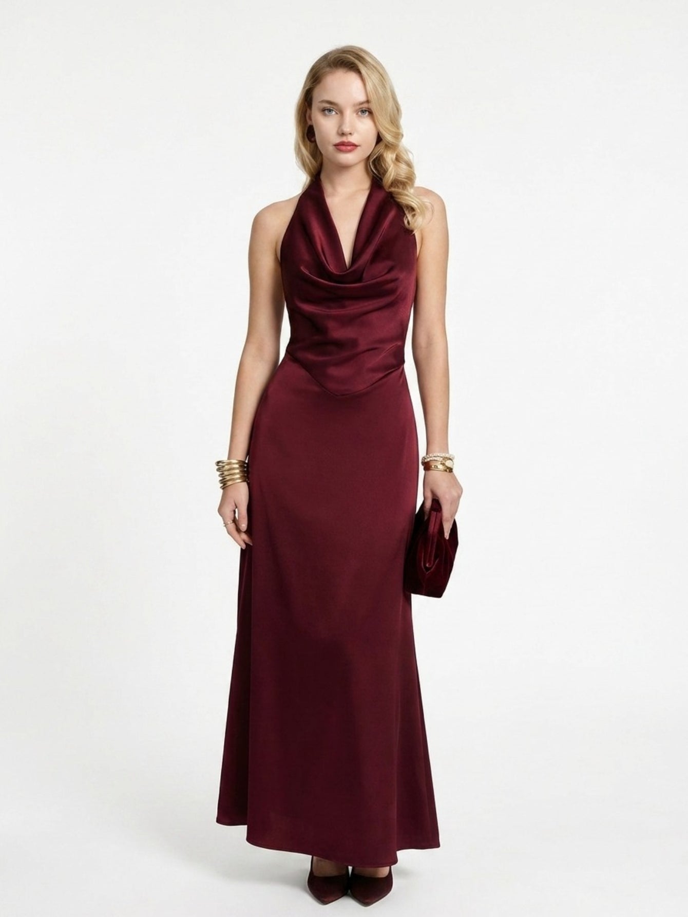 Women's Satin Halter Neck Maxi Dress - Plunging V Neck with Draped Detail | Elegant Evening Party Gown