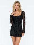 Women's Black Floral Lace Mesh Dress - Off-Shoulder Long Sleeve Bodycon Mini Dress for Cocktail Party
