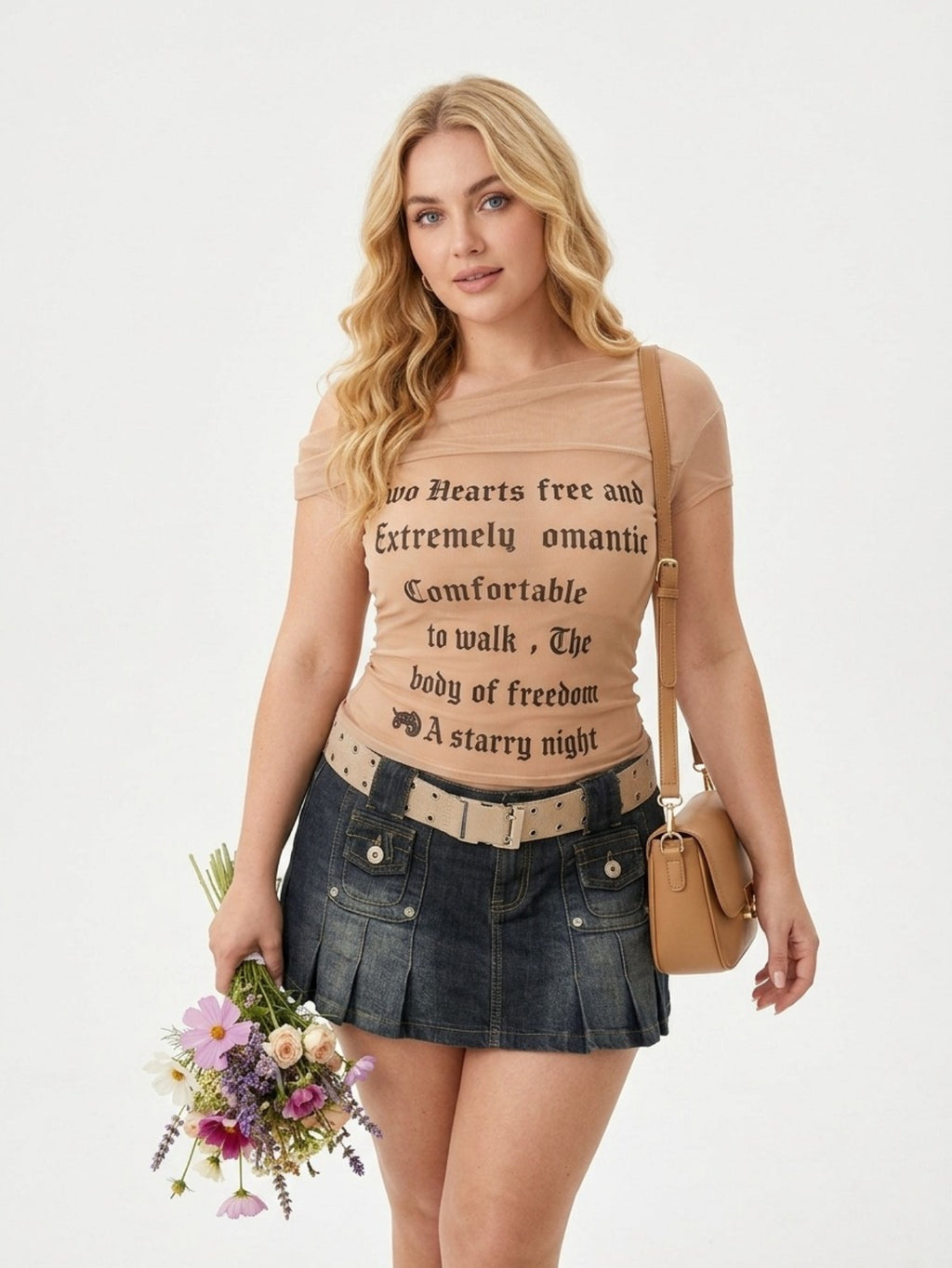 Women's Off-Shoulder Graphic Top - Nude Short Sleeve Y2K Crop Tee with Punk Poem Print | Casual Summer Streetwear