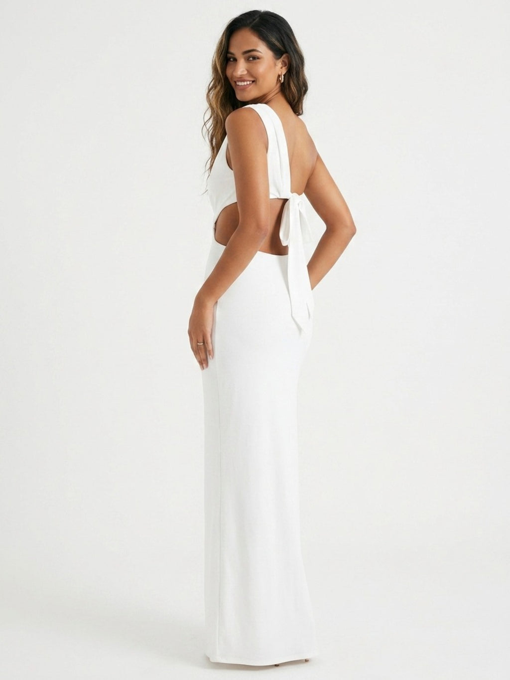 Women's White Cut Out Maxi Dress - Sleeveless Spaghetti Strap High Slit Formal Evening Gown