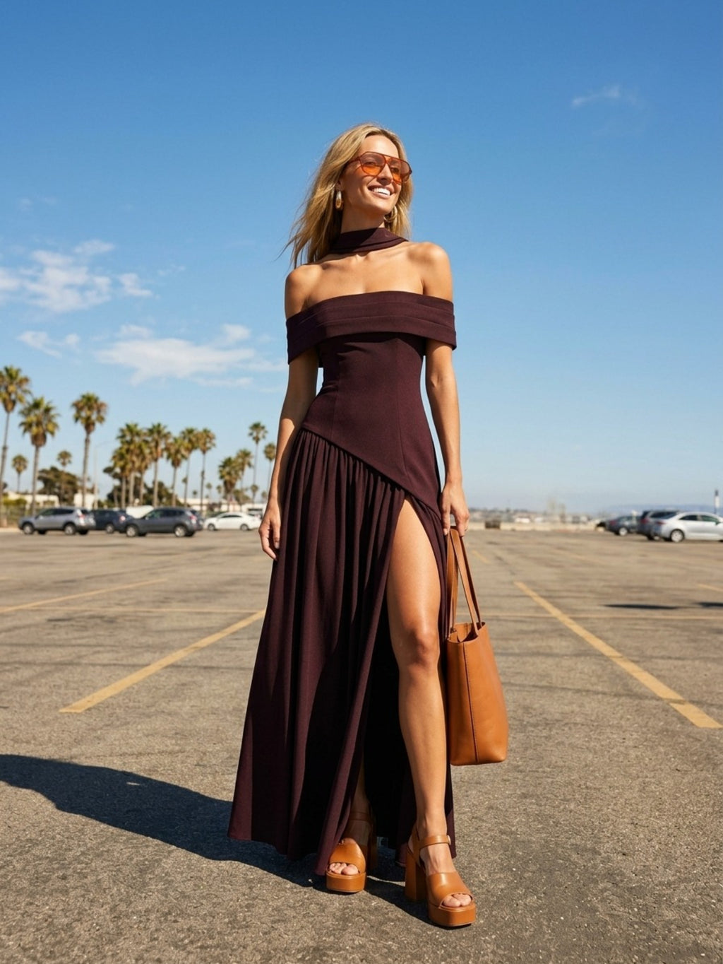 Women's Off The Shoulder Gown - Plum High Neck Maxi Dress with High Slit & Draped Detail | Formal Evening Party Dress