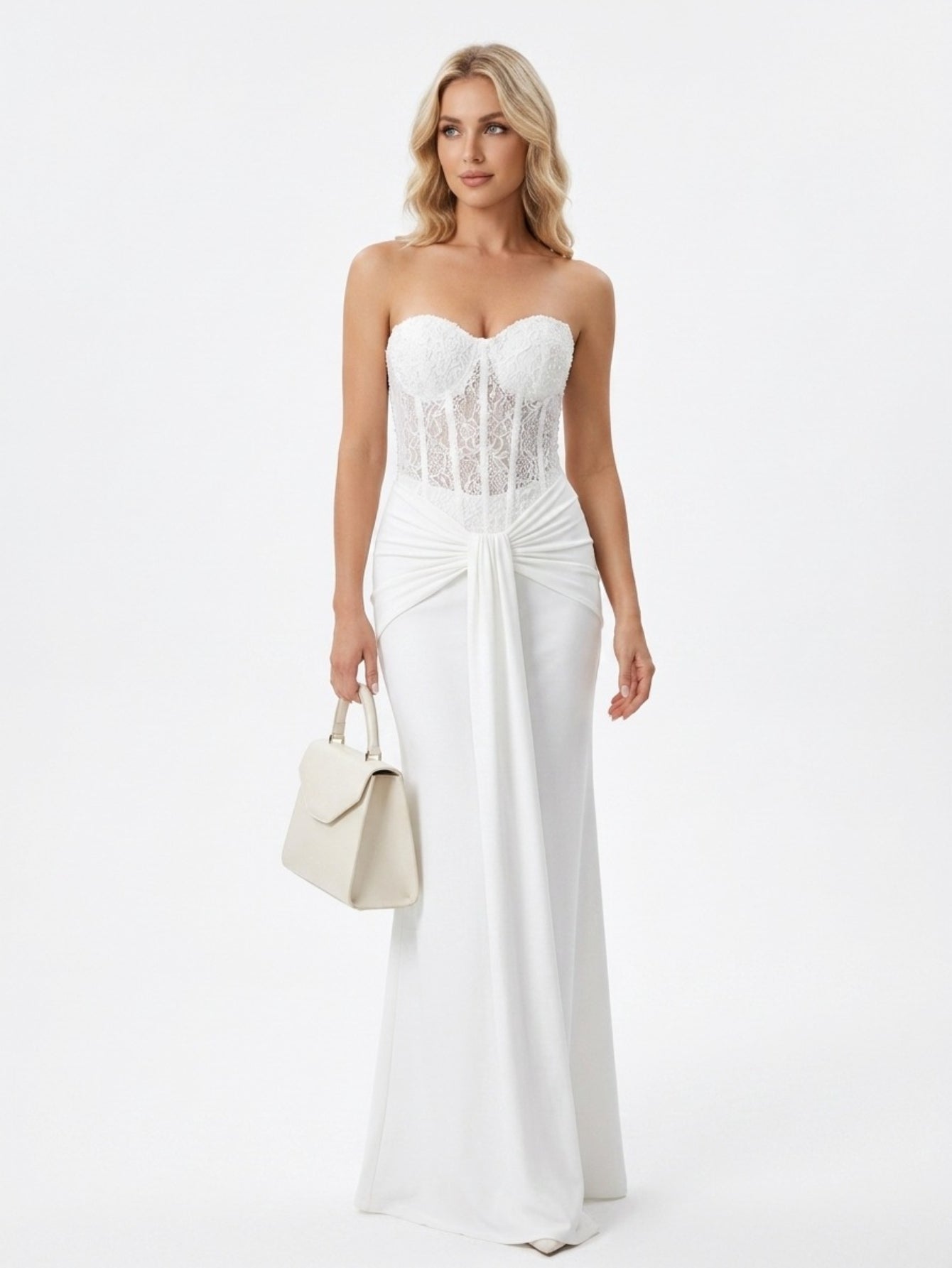 Women's Elegant Strapless Backless Long Dress with Ruched Detail Perfect for Party & Formal Events, Woven Fabric with Slight Stretch