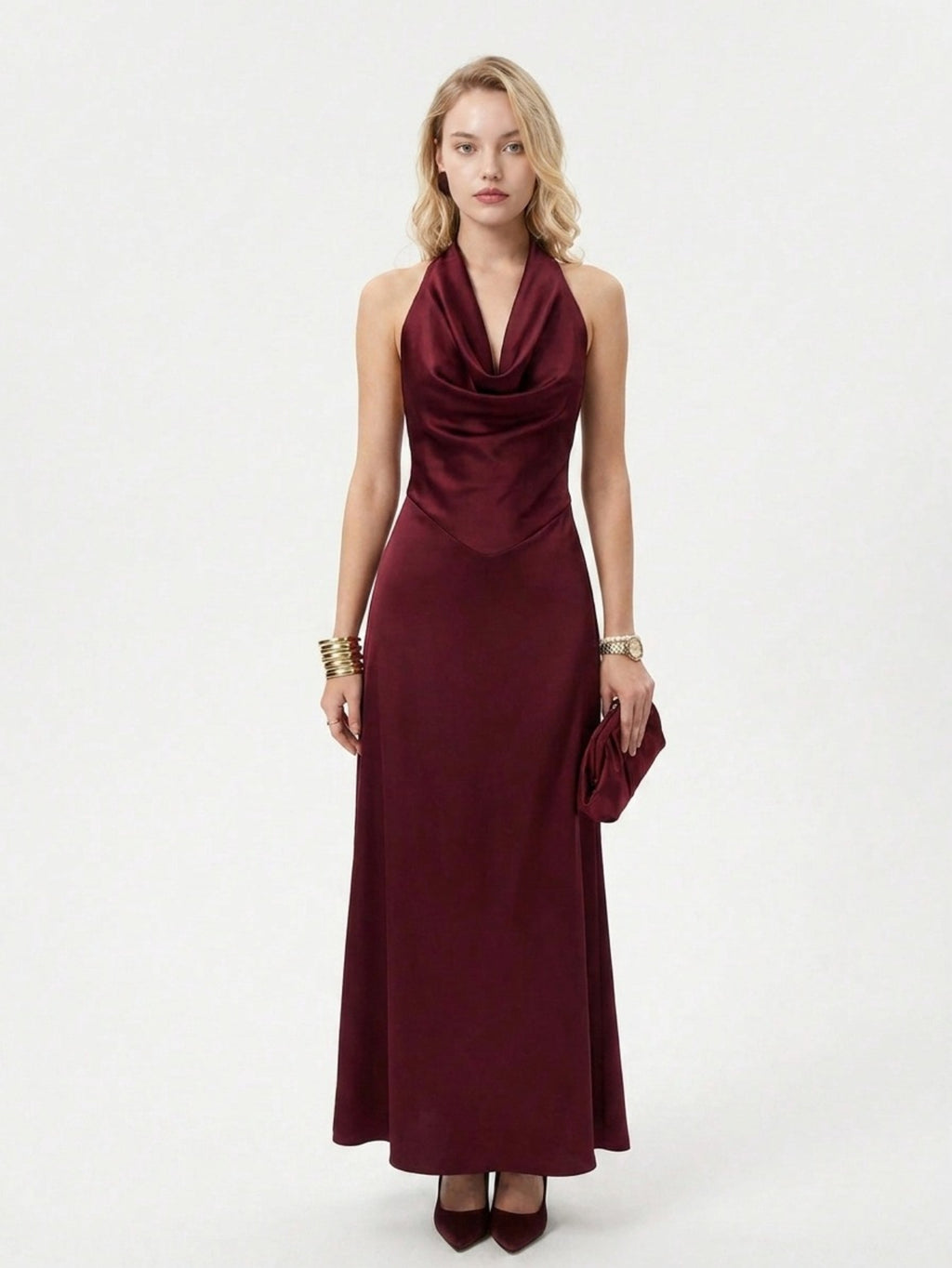 Women's Satin Halter Neck Maxi Dress - Plunging V Neck with Draped Detail | Elegant Evening Party Gown