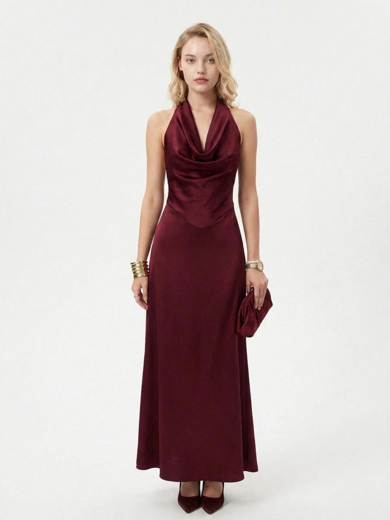 Women's Satin Halter Neck Maxi Dress - Plunging V Neck with Draped Detail | Elegant Evening Party Gown