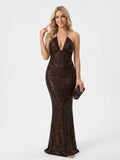 Women's Brown Sequin Gown - Halter Neck Plunging V-Neck Maxi Dress with Slim Fit | Elegant Evening Formal Party Dress