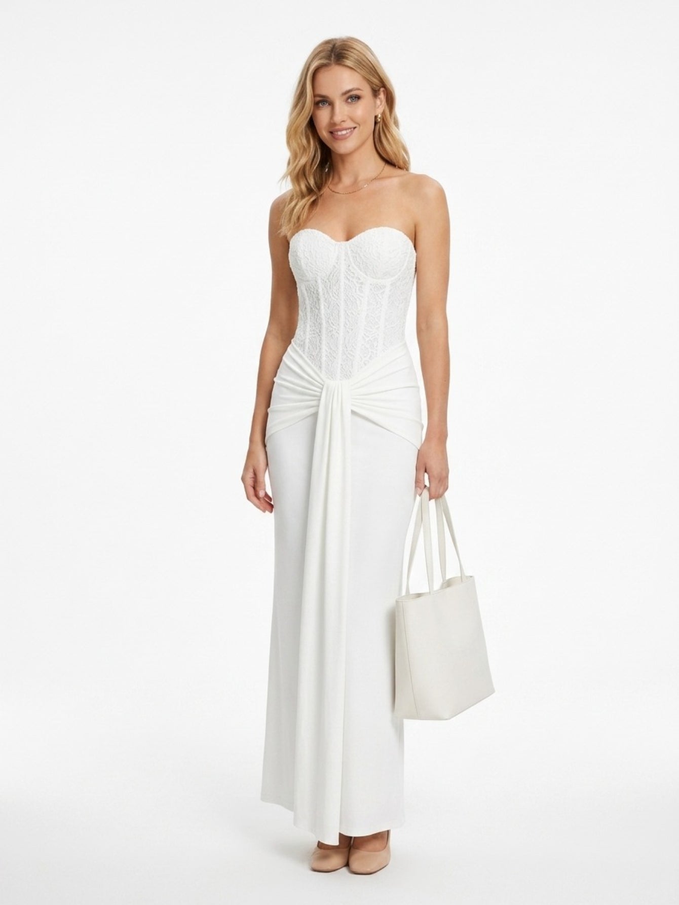 Women's Elegant Strapless Backless Long Dress with Ruched Detail Perfect for Party & Formal Events, Woven Fabric with Slight Stretch