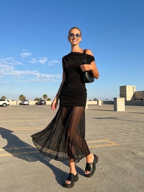 Women's One Shoulder Midi Dress - Black Asymmetric Evening Gown with Mesh Overlay & Side Ruched Detail