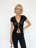 Women's Black Floral Lace Sheer Crop Top - V Neck Short Sleeve Tie Front Casual Summer Blouse
