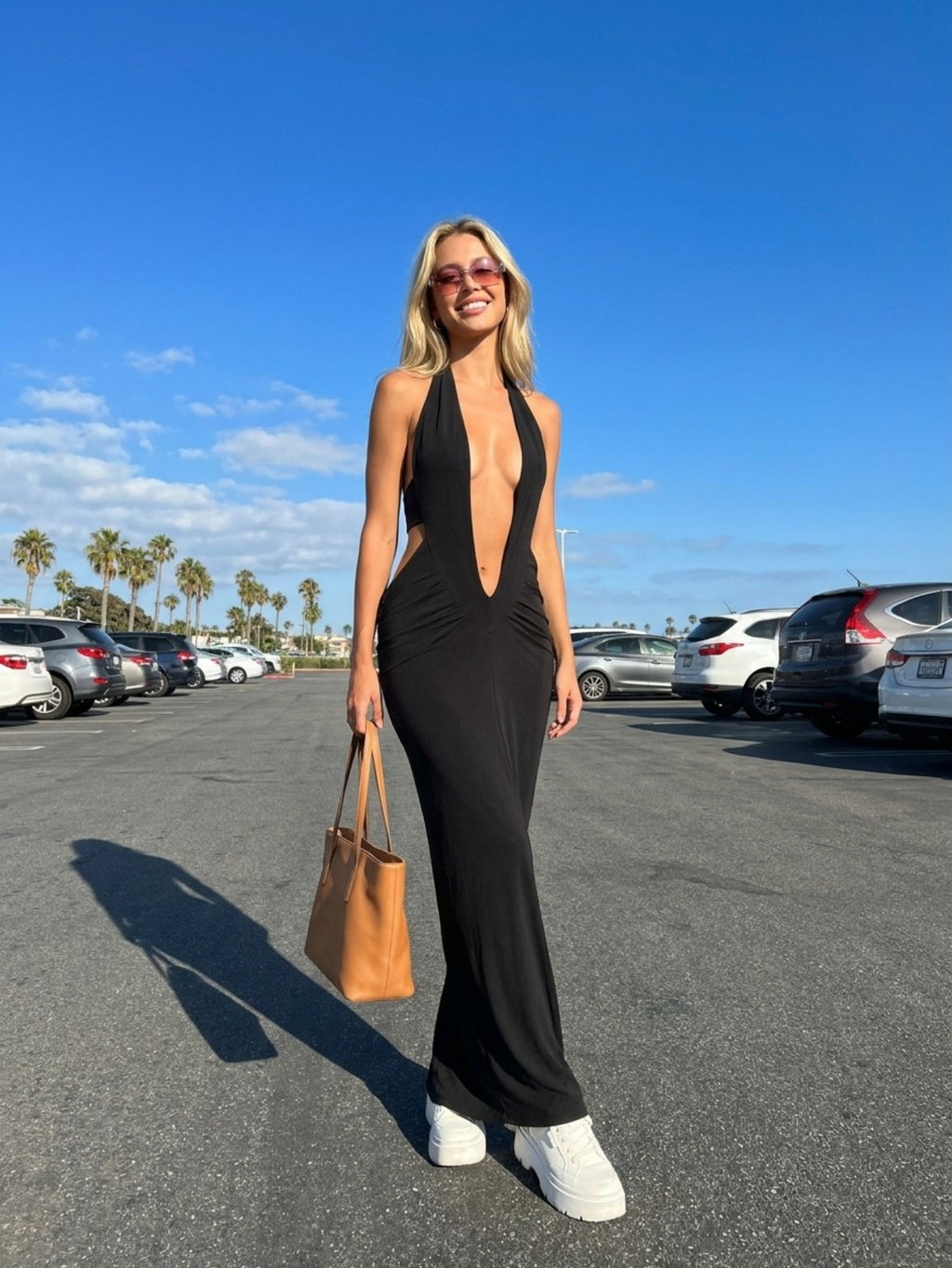 Women's Halter Neck Jumpsuit - Deep Plunging V Neck Open Back | Sexy Maxi Dress Alternative for Evening Party