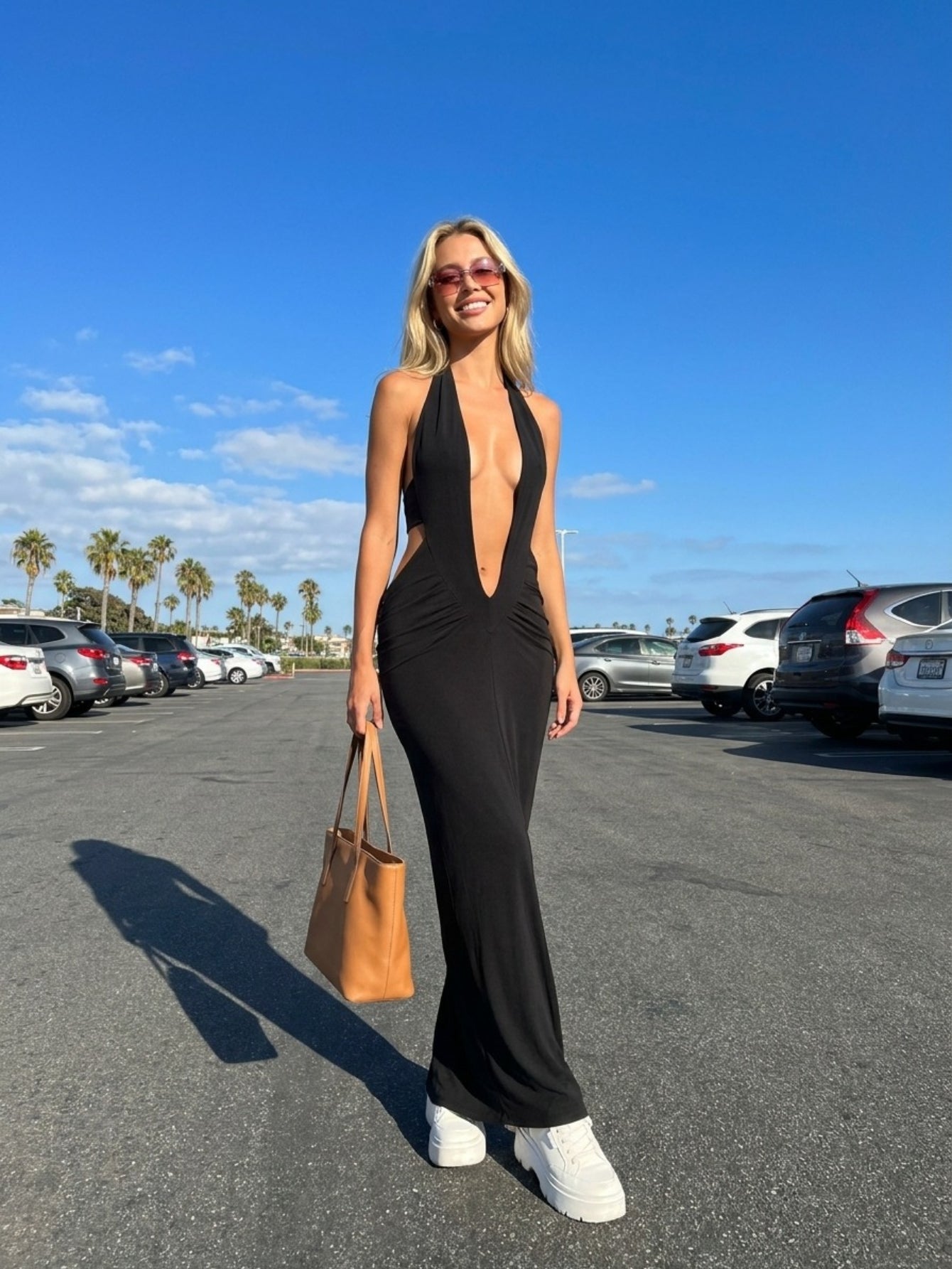 Women's Halter Neck Jumpsuit - Deep Plunging V Neck Open Back | Sexy Maxi Dress Alternative for Evening Party