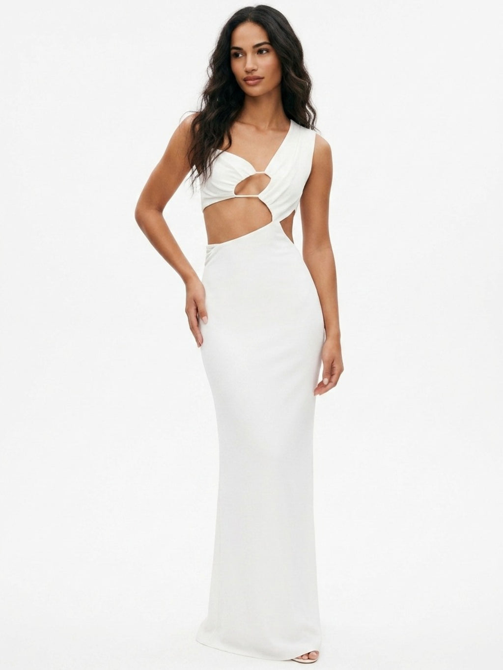 Women's White Cut Out Maxi Dress - Sleeveless Spaghetti Strap High Slit Formal Evening Gown
