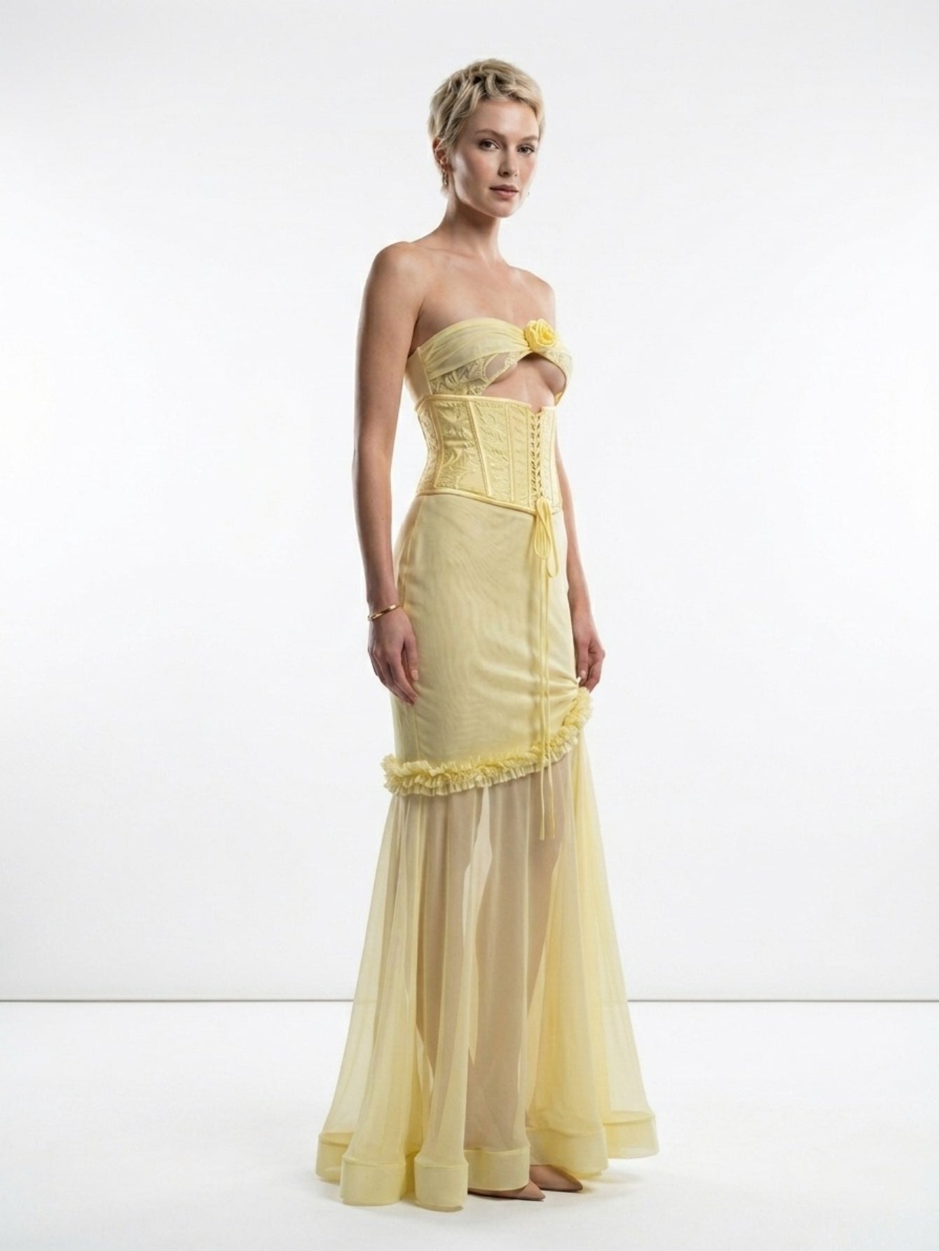 Women's Yellow Strapless Corset Gown - Floral Applique Cutout Tulle Mermaid Evening Dress