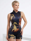 Abstract Print Halter Neck Romper - Women's Sleeveless Backless Cutout Jumpsuit for Summer Party