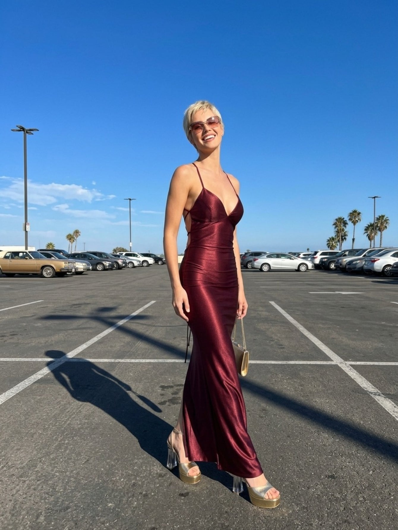 Burgundy Satin Slip Midi Dress - Plunging V-Neck with Crisscross Back Tie Detail for Women