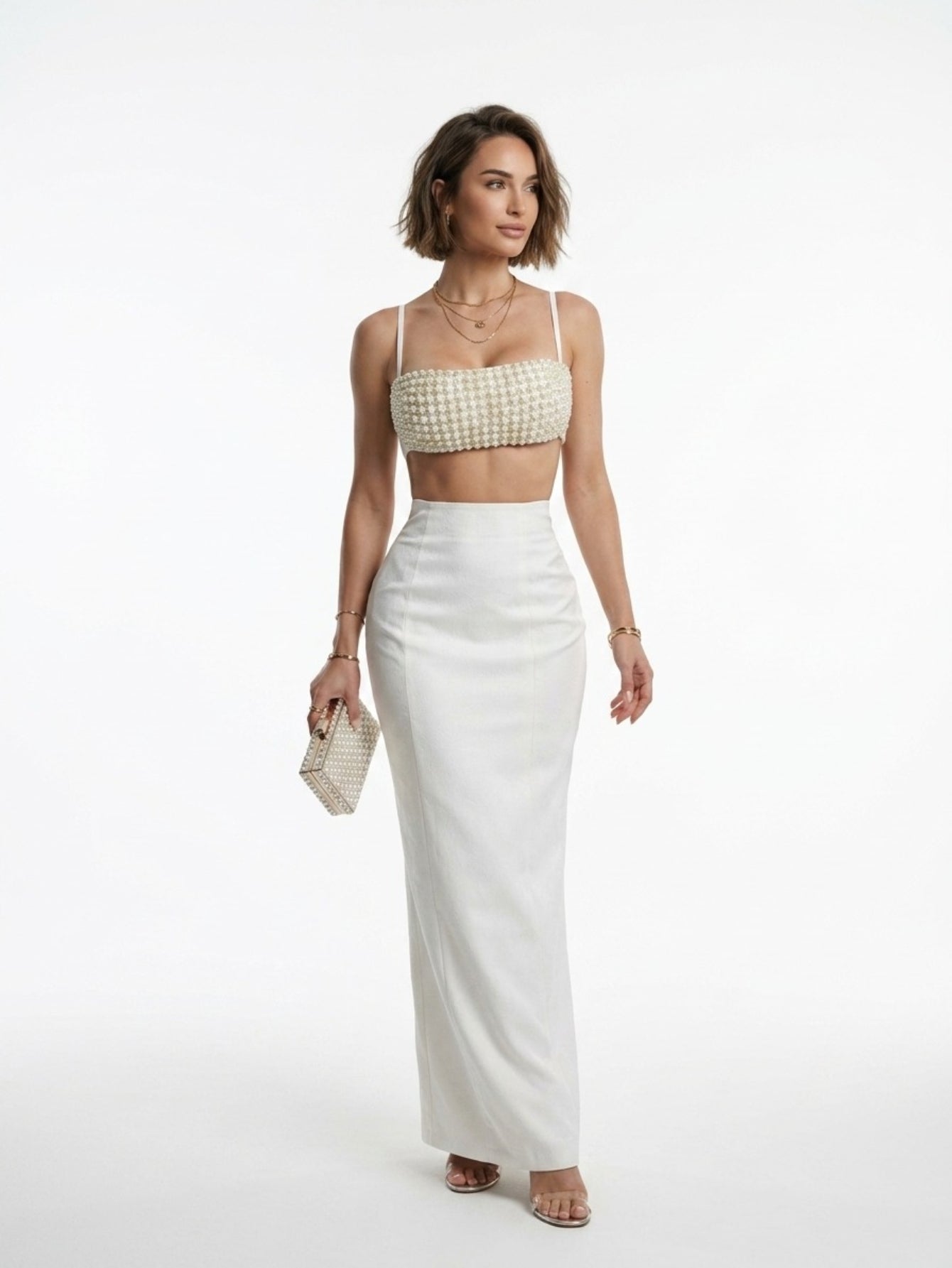 Women's Pearl Beaded Tube Top & Satin Maxi Skirt Set - Elegant Casual Summer Beach Wedding Guest Outfit