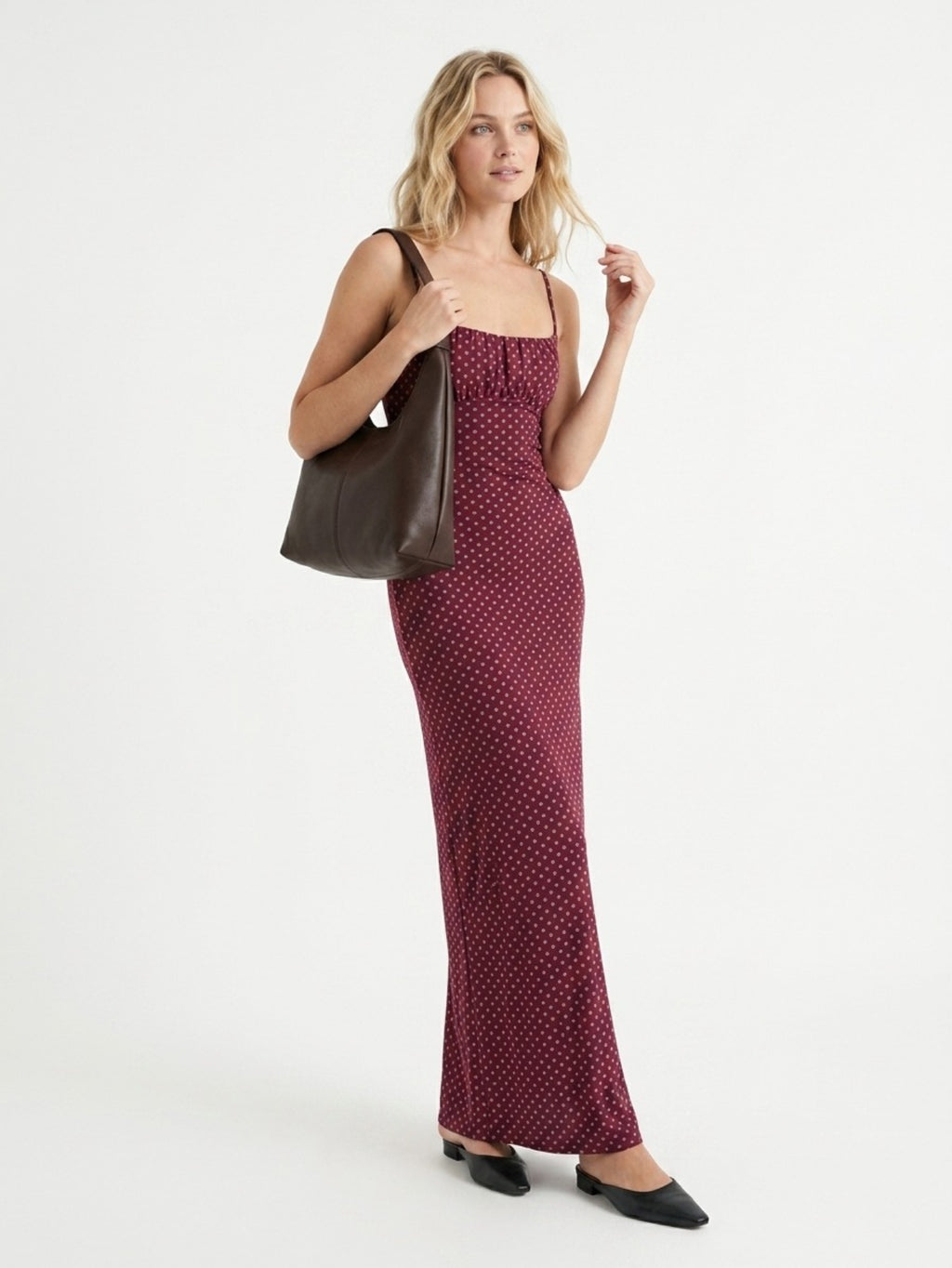 Women's Polka Dot Midi Dress - Burgundy Slinky Cami Strap Dress with Cowl Neckline & Ruched Waist