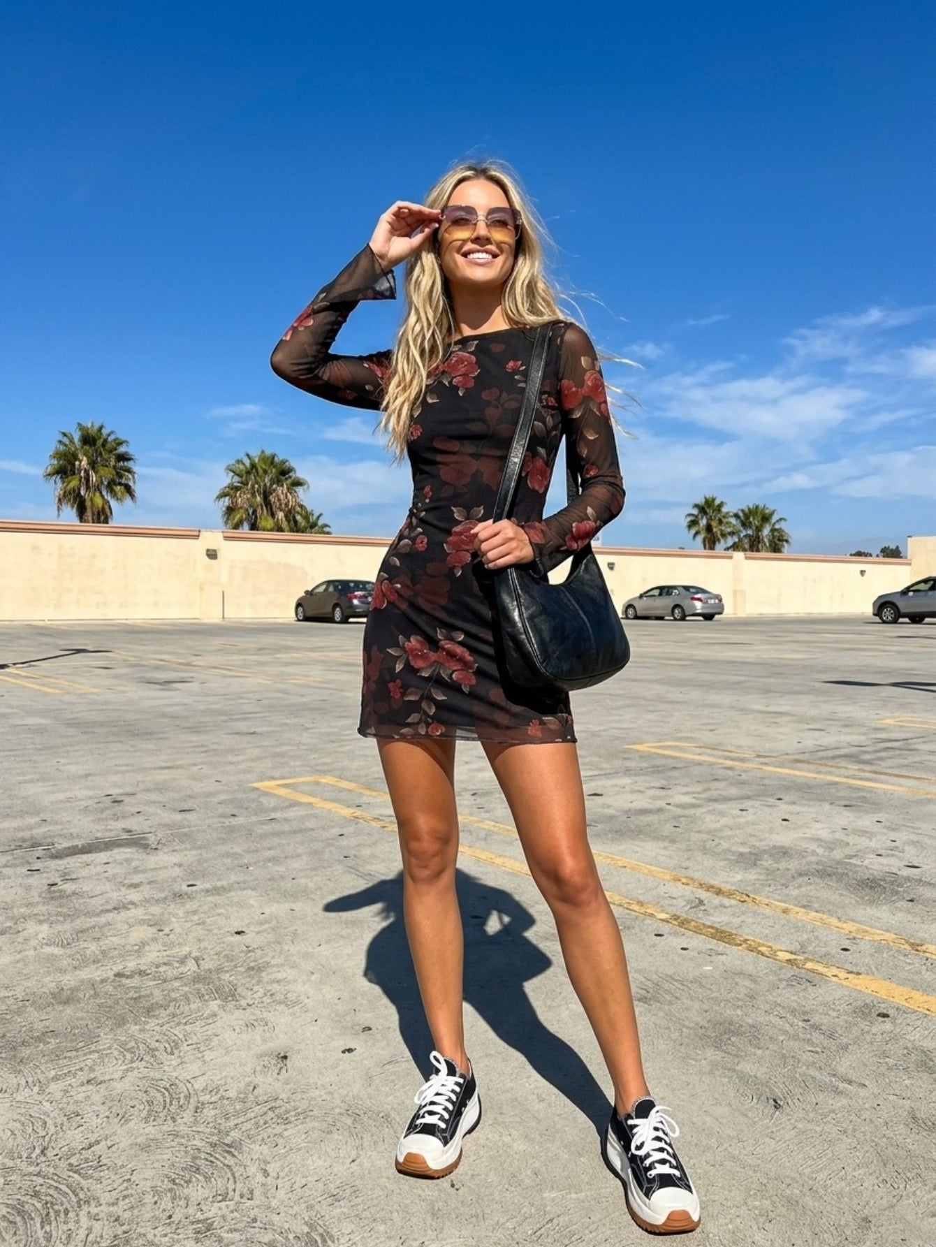 Women's Black Floral Mesh Mini Dress - Long Sleeve Bodycon Sheer Elegant Party Dress with Red Rose Print