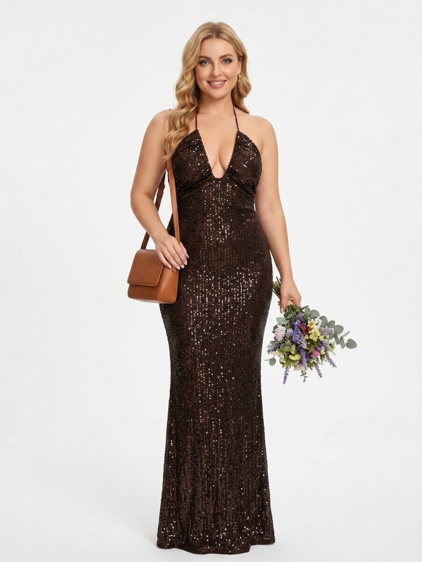 Women's Brown Sequin Gown - Halter Neck Plunging V-Neck Maxi Dress with Slim Fit | Elegant Evening Formal Party Dress
