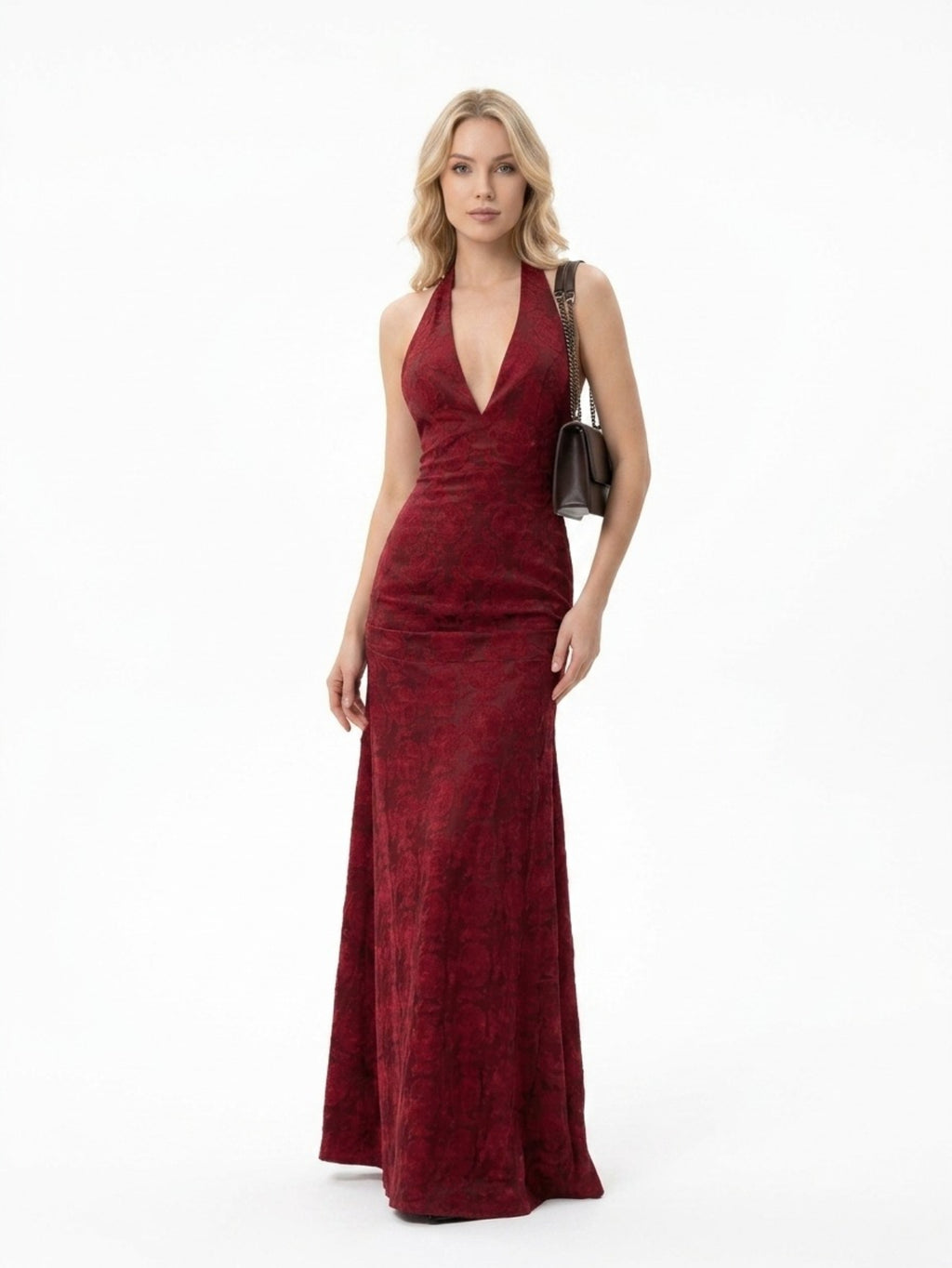 Women's Red Velvet Gown - Halter Neck Plunging V-Neck Floral Burnout Maxi Dress | Elegant Evening Formal Party Dress