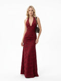 Women's Red Velvet Gown - Halter Neck Plunging V-Neck Floral Burnout Maxi Dress | Elegant Evening Formal Party Dress