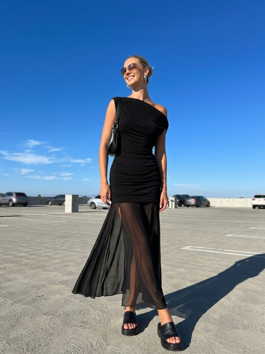 Women's One Shoulder Midi Dress - Black Asymmetric Evening Gown with Mesh Overlay & Side Ruched Detail
