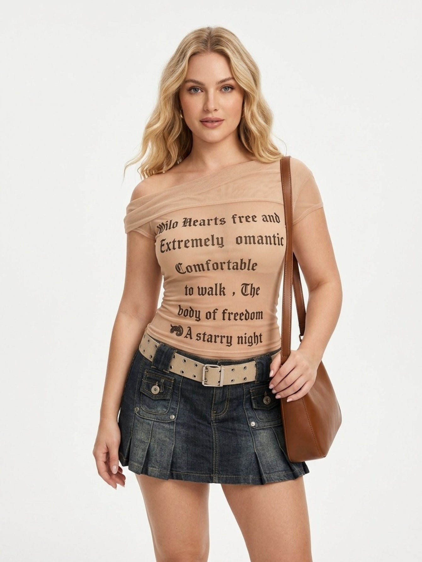 Women's Off-Shoulder Graphic Top - Nude Short Sleeve Y2K Crop Tee with Punk Poem Print | Casual Summer Streetwear