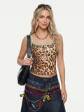 Women's Leopard Print Camisole Top - Y2K Beaded Halter Neck Sleeveless Tank with Contrast Binding | Retro Summer Streetwear