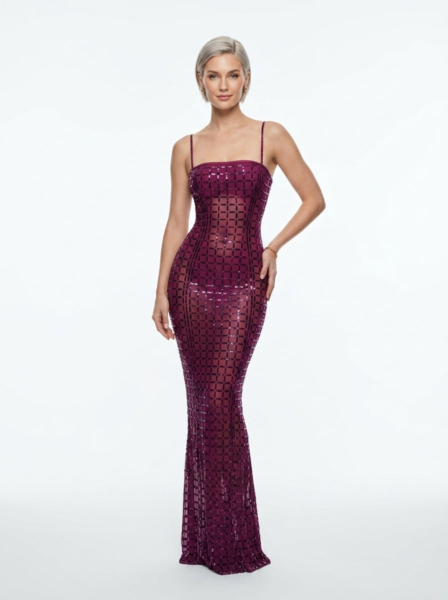 Women's Sequin Mermaid Maxi Dress - Emerald Green/Plum Purple Strapless Fishtail Formal Gown