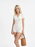 Women's Short Sleeve Romper - White Floral Print V-Neck Lace Up Playsuit with Snap Buttons