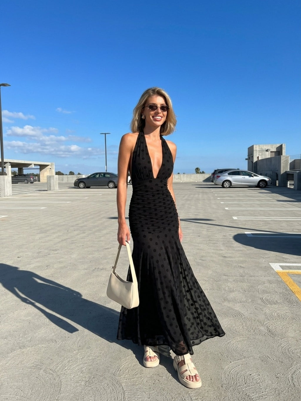Women's Halter Neck Polka Dot Maxi Dress - Black Deep V Neck Evening Gown with Ruched Waist & Flowy Skirt