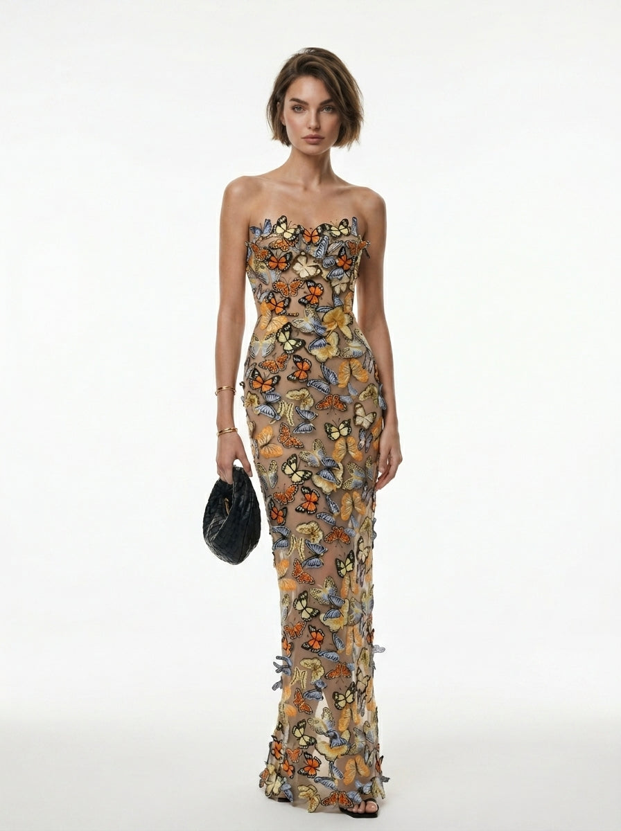 Women's Butterfly Print Halter Maxi Dress - Sheer Mesh Ruched Bodycon Evening Party Gown
