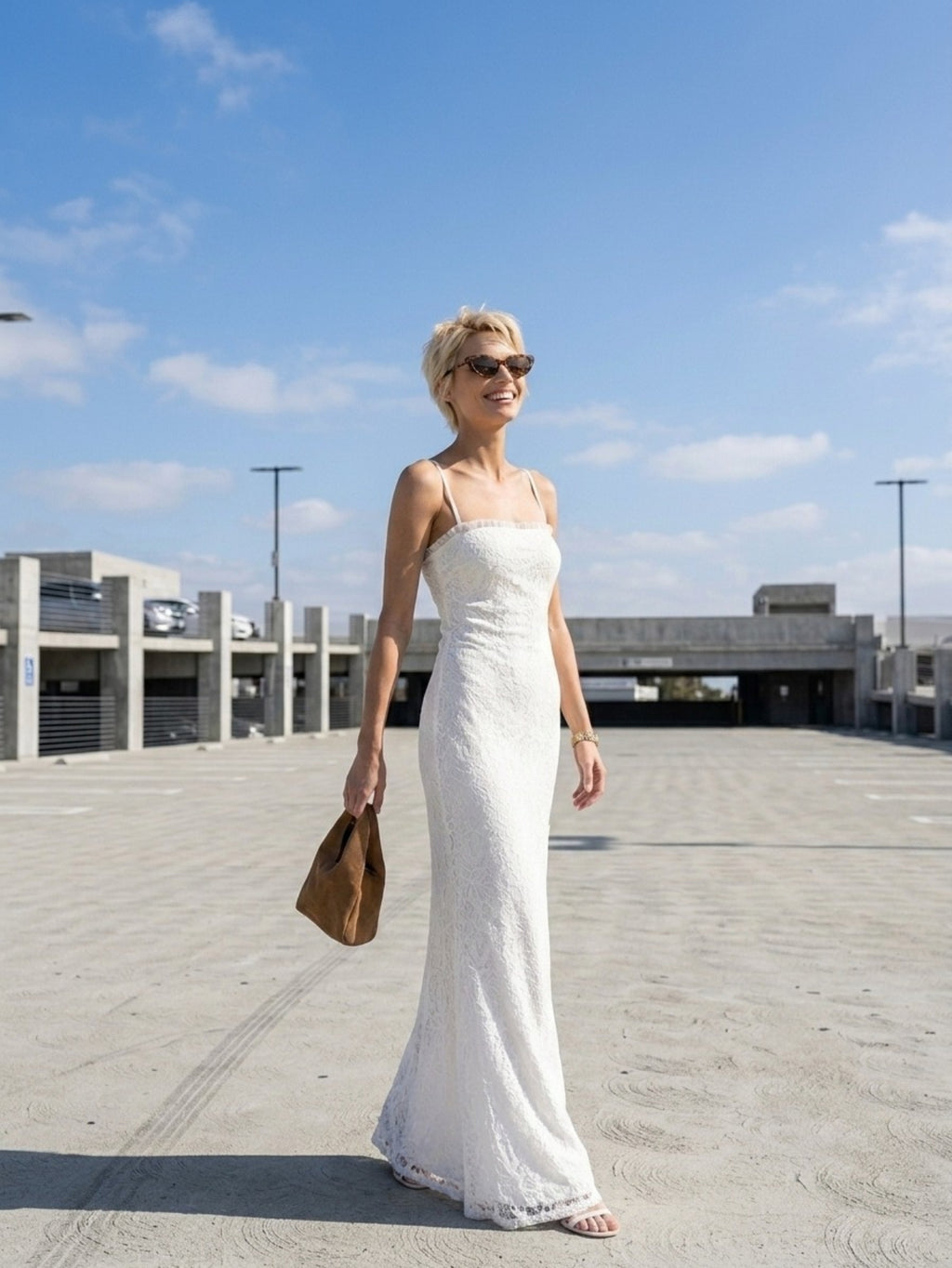 Women's White Lace Maxi Dress - Spaghetti Strap Sleeveless Column Gown for Summer & Bridal Events
