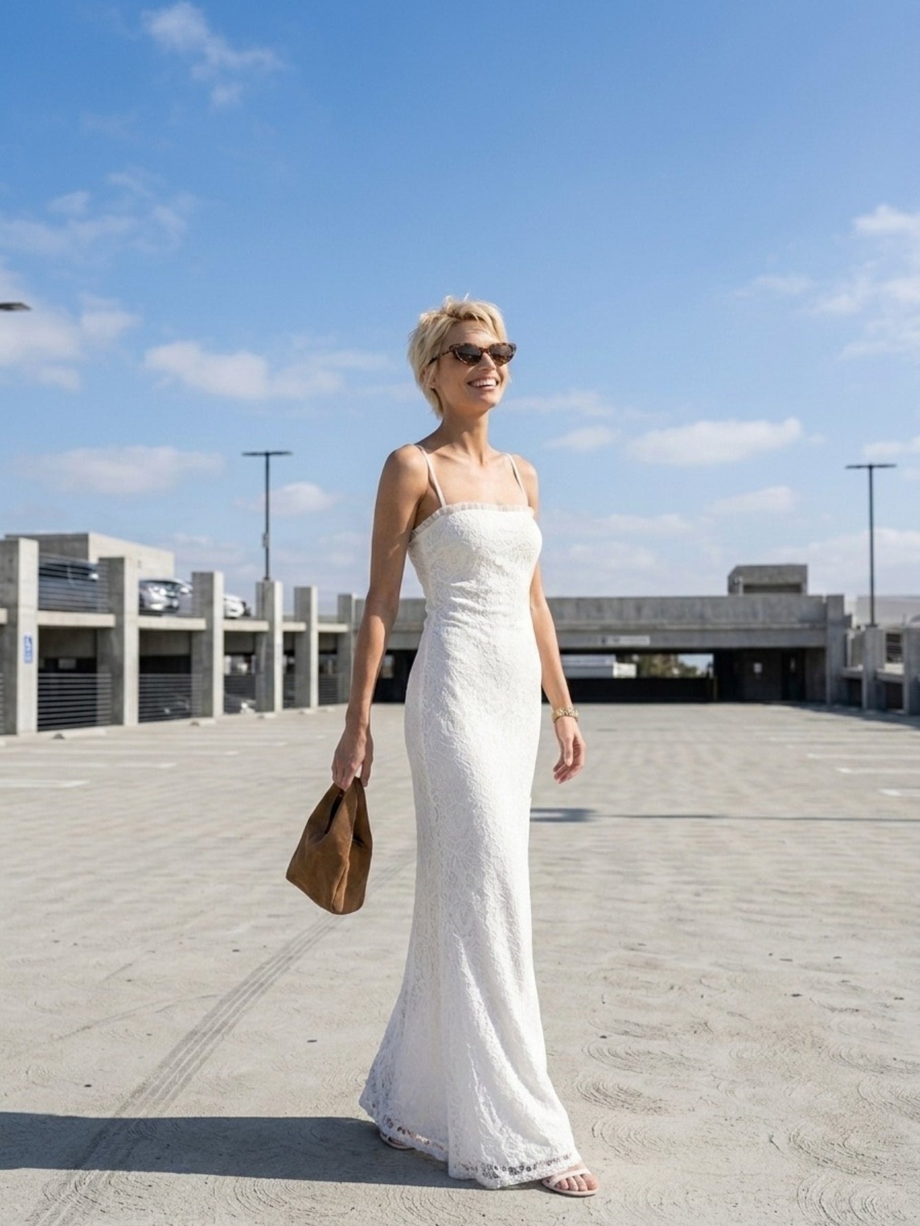 Women's White Lace Maxi Dress - Spaghetti Strap Sleeveless Column Gown for Summer & Bridal Events