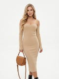 Women's Off Shoulder Bodycon Dress - Beige Ribbed Knit Midi Dress with Long Sleeves | Casual Sexy Sweater Dress