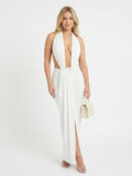Women's  Halter Neck Maxi Dress - Sexy Plunging V-Neck Cutout Waist With Twisted Detail For Evening Party